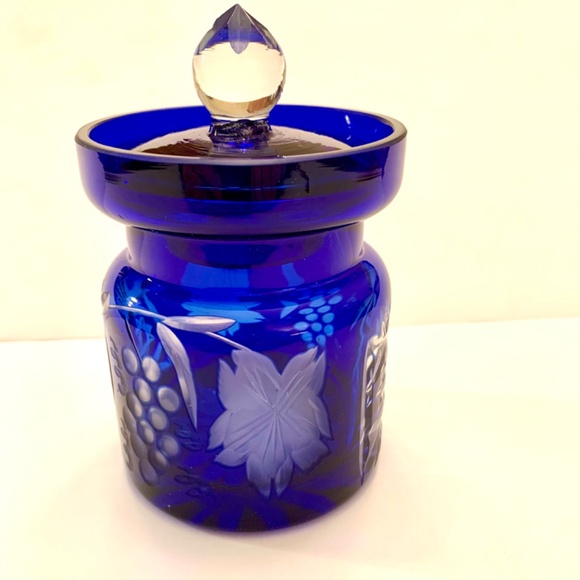 Vintage 1950s Cobalt Blue Crystal Cut Honey/Jam Jar and Lid - Picture 10 of 11